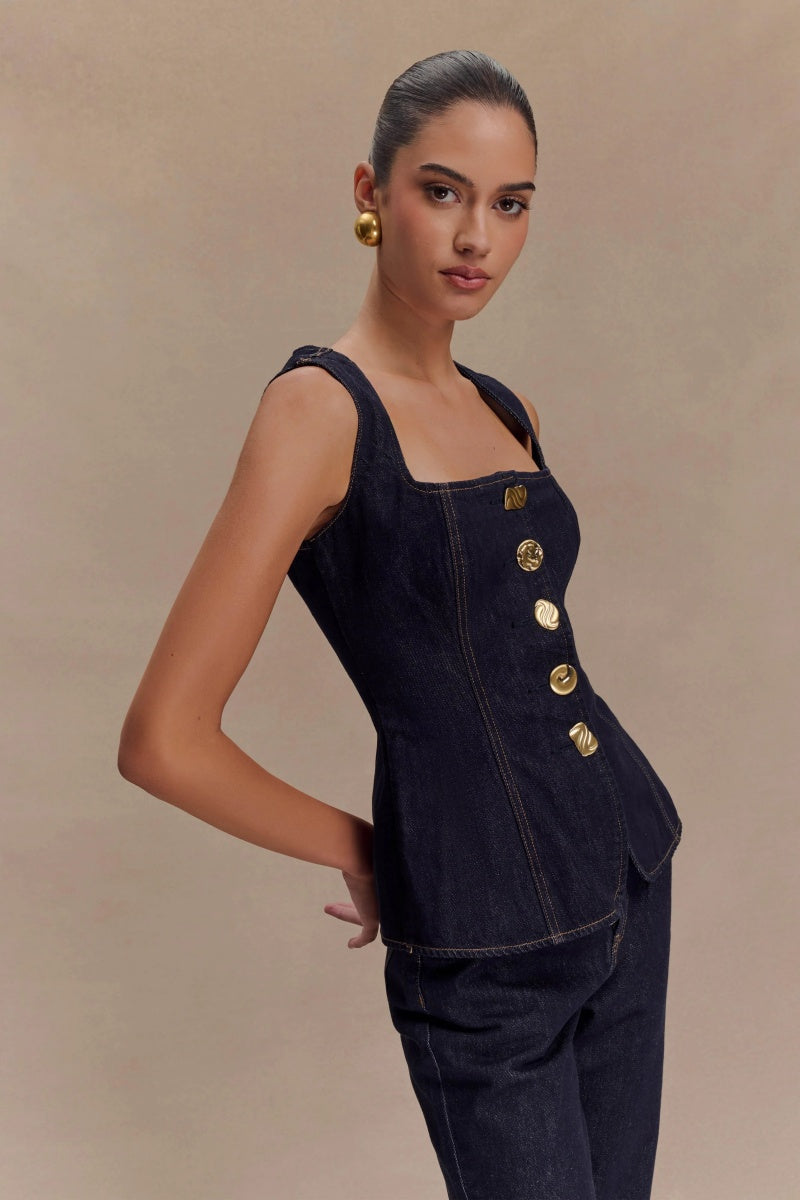 Lena | Gold Button Denim Set