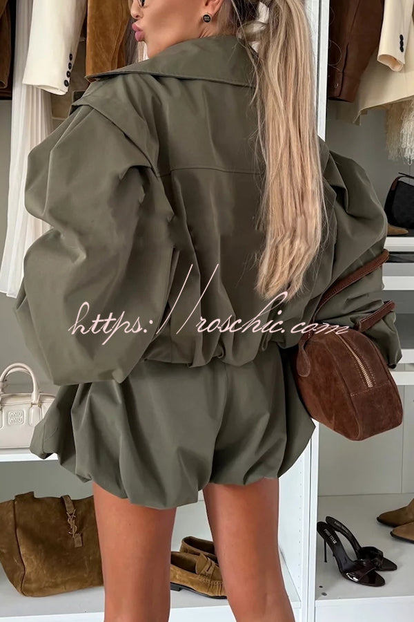 Fashion Style Button Long Balloon Sleeve Pocket Lapel Casual Bomber Jacket (Shipped Within 24 Hours)