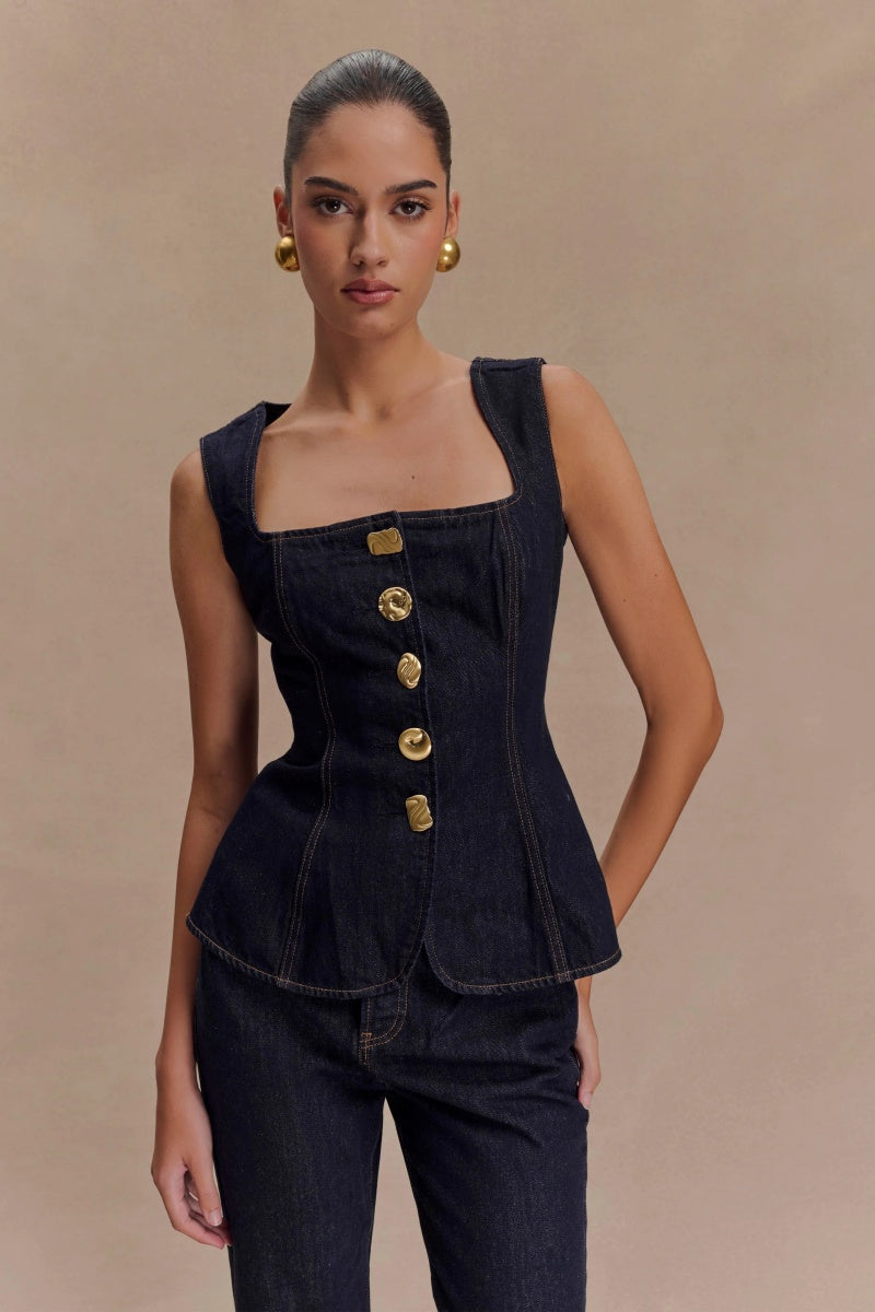 Lena | Gold Button Denim Set