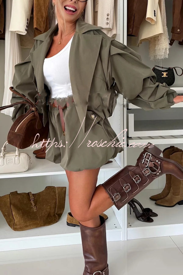 Fashion Style Button Long Balloon Sleeve Pocket Lapel Casual Bomber Jacket (Shipped Within 24 Hours)