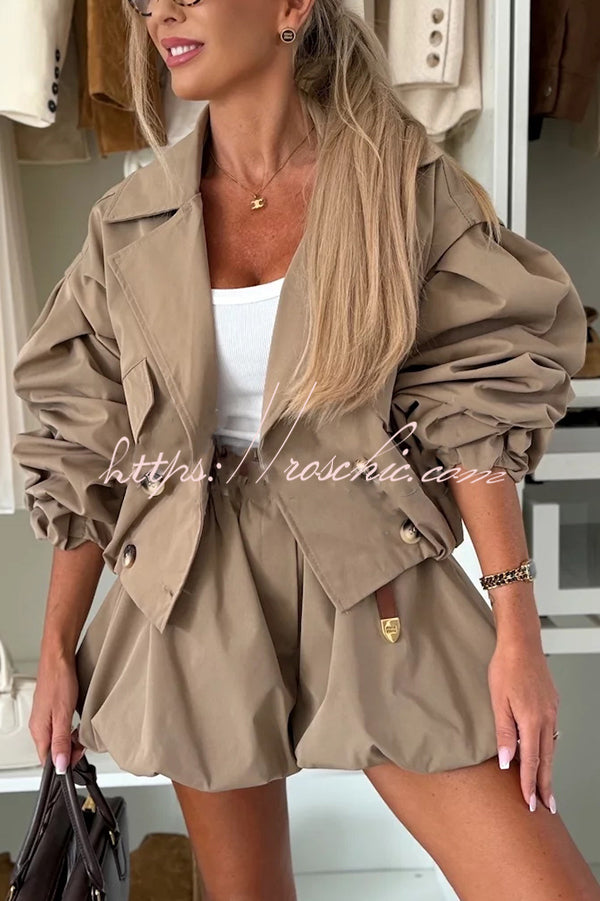 Fashion Style Button Long Balloon Sleeve Pocket Lapel Casual Bomber Jacket (Shipped Within 24 Hours)