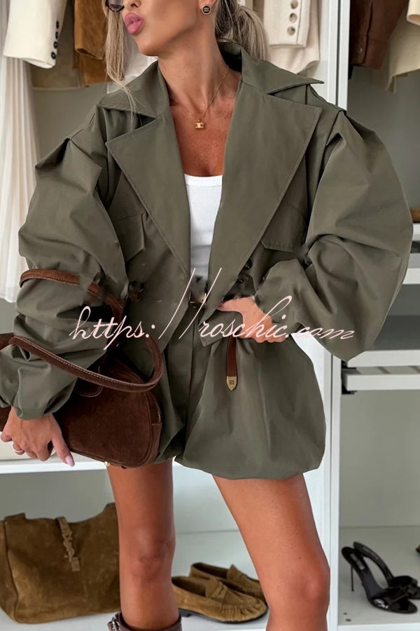 Fashion Style Button Long Balloon Sleeve Pocket Lapel Casual Bomber Jacket (Shipped Within 24 Hours)