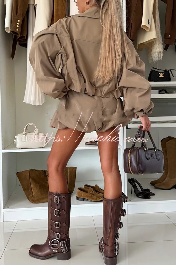 Fashion Style Button Long Balloon Sleeve Pocket Lapel Casual Bomber Jacket (Shipped Within 24 Hours)